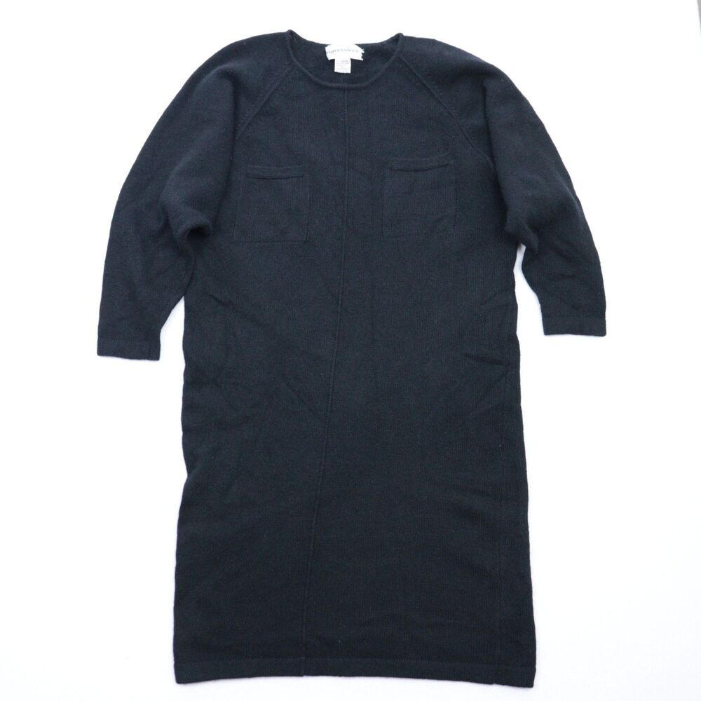 Vintage Black Sweater Dress Wool Rabbit SZ M Lagenlook Cozycore Pockets Modest - Picture 3 of 10